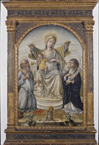 Anonimo — Andrea di Niccolò - sec. XV/ XVI - Madonna con Bambino in trono tra san Girolamo e santa Caterina da Siena, Cristo in pietà tra angeli — insieme